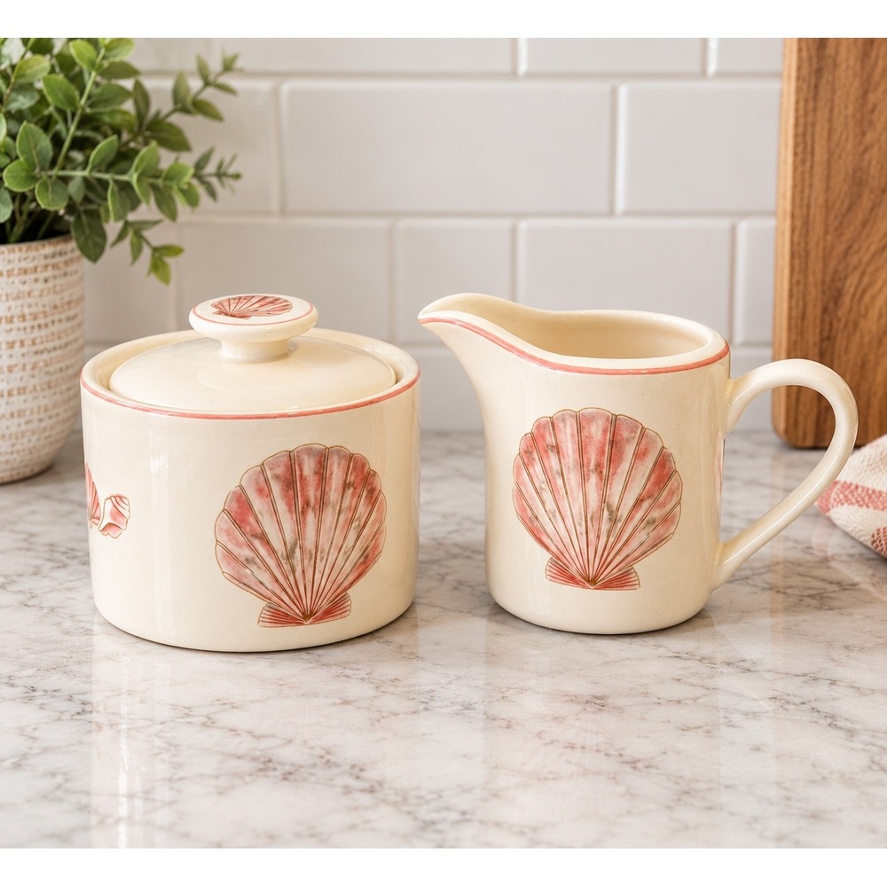 Sango Coquille 3034 Sugar Bowl and Creamer Set Pink Seashell Coastal Stoneware